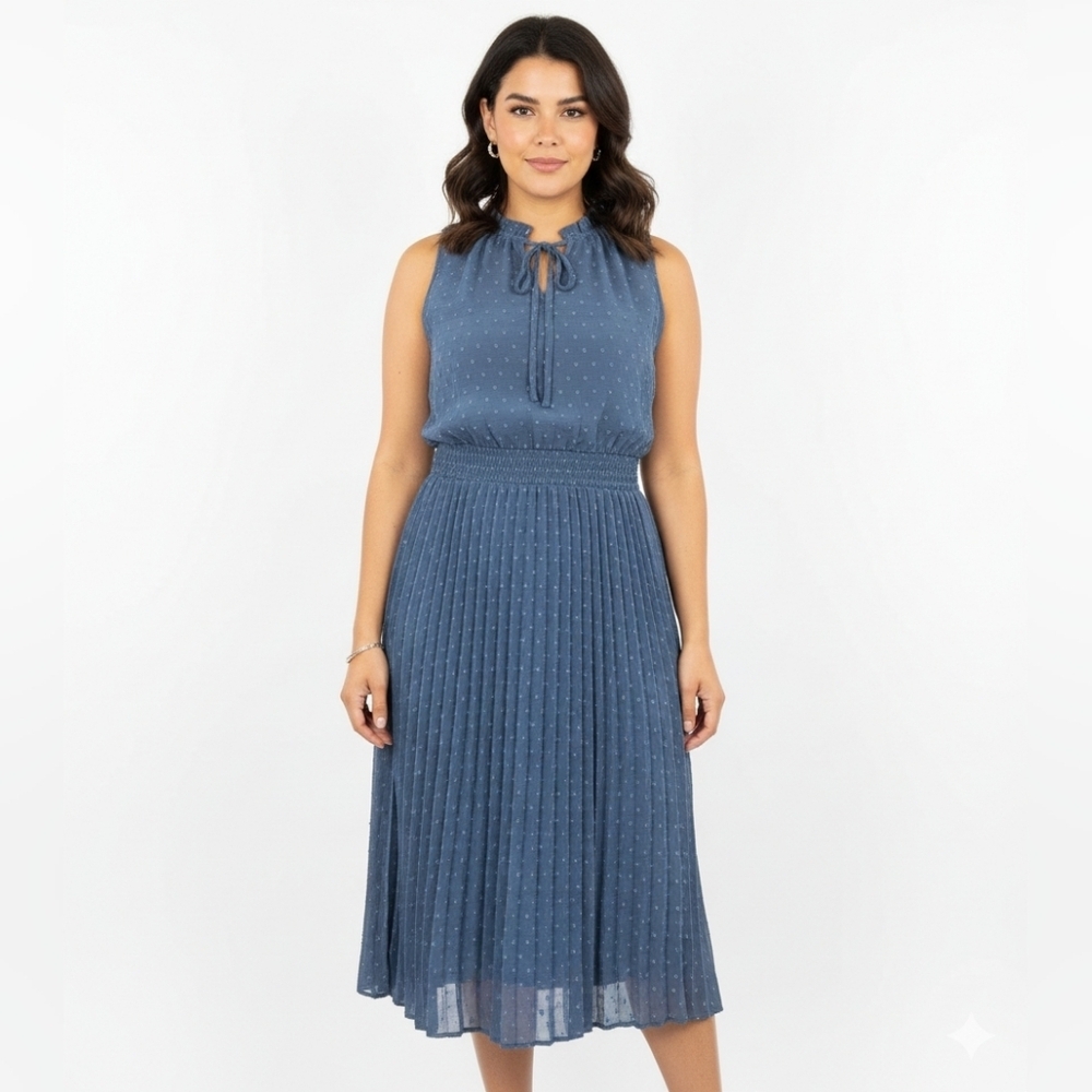 PrettyGarden Slate Blue Pleated Midi Dress Size L Halter Neck Swiss Dot NWT